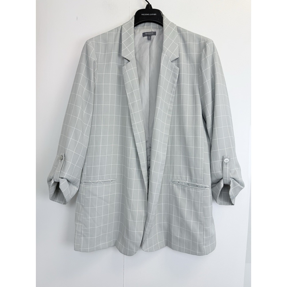 Madison Blazer Women L Grey Windowpane 3/4 Sleeve Open Front Pockets Lined